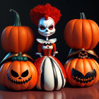 Whimsical Doll with Red Hair and Carved Pumpkins