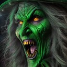 Fierce Green-Skinned Witch in Starry Background