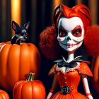 Whimsical Doll with Red Hair and Halloween Decor
