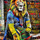 Surreal Lion in Colorful Urban Environment Illustration