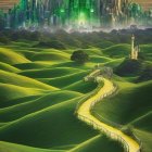 Vibrant Landscape with Futuristic City at Dusk