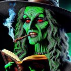 Green-Skinned Witch with Ancient Book and Cigar