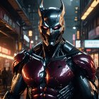 Futuristic Armored Figure in Cyberpunk Urban Setting