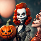 Halloween-Themed Dolls with Skeleton Faces and Pumpkins