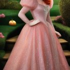 Young Woman in Pink Gown in Lush Garden Setting