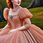 Regal Young Woman in Blush Gown in Forest Setting
