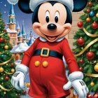 Mickey Mouse in Santa Outfit in Snowy Holiday Scene