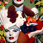 Elegant Women in Fashion Surrounded by Greenery and Foxes