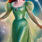 Character in Green Gown Against Magical Landscape