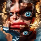 Surreal Portrait with Fragmented Facial Elements and Glow