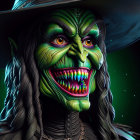 Menacing witch figure with ghoulish features and colors
