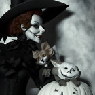 Stylish Witch with Dog and Pumpkin in Eerie Setting