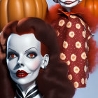 Stylized Halloween Dolls with Decorative Pumpkins