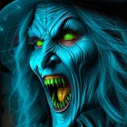 Eerie Witch with Wild Hair and Green Eyes
