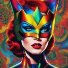 Vibrant Superheroine with Cat Mask and Colorful Costume