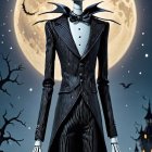Skeletal Figure in Tuxedo Against Moonlit Background