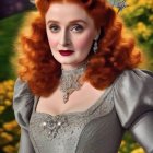 Regal figure in vibrant meadow with elegant gown