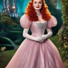 Regal princess in pink ball gown with fairytale castle