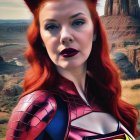 Confident Woman in Superhero Costume in Desert Landscape