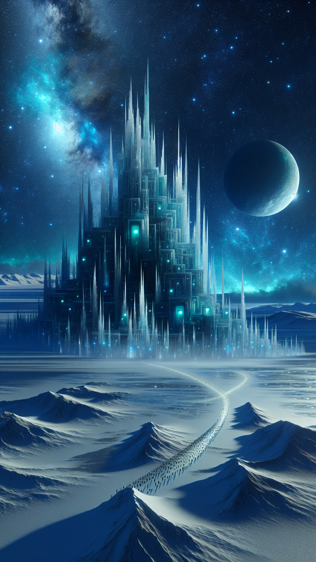 Ice Castle Under Starry Sky with Glowing Spires