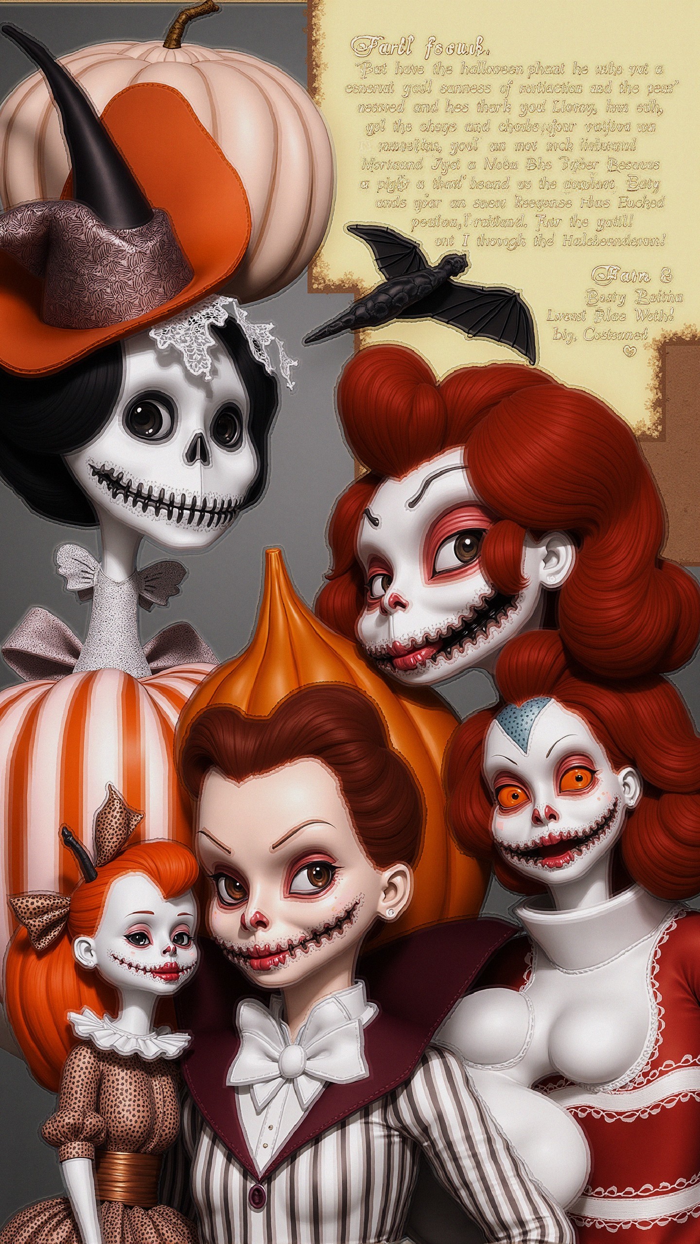 Halloween Portrait of Four Whimsical Dolls