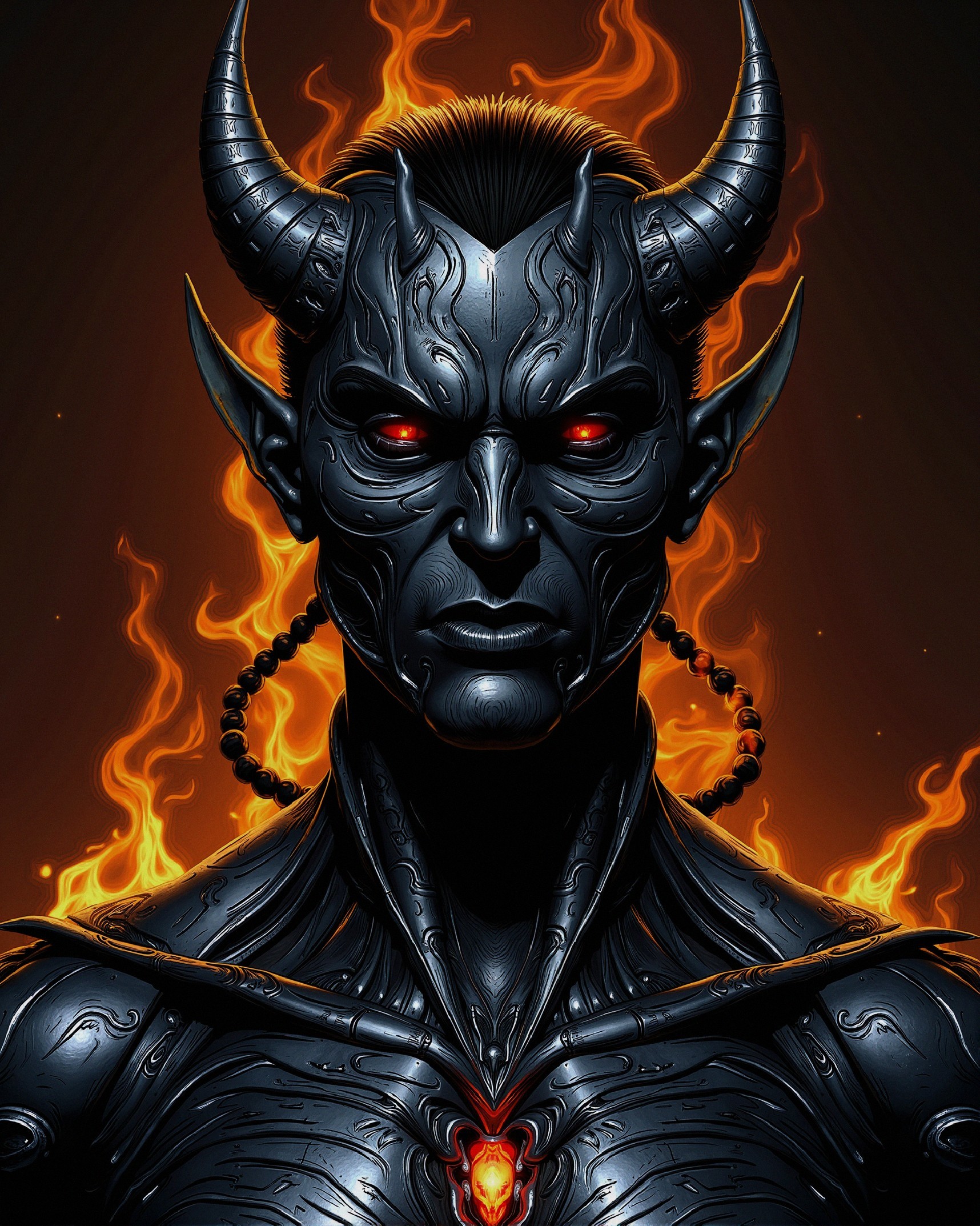 Demonic Figure with Dark Features and Glowing Eyes