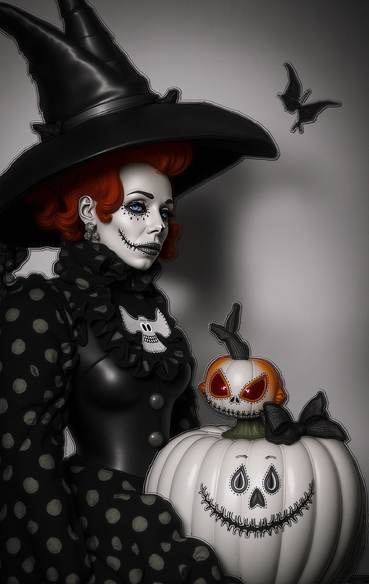 Witch Figure with Halloween Decor and Spooky Makeup