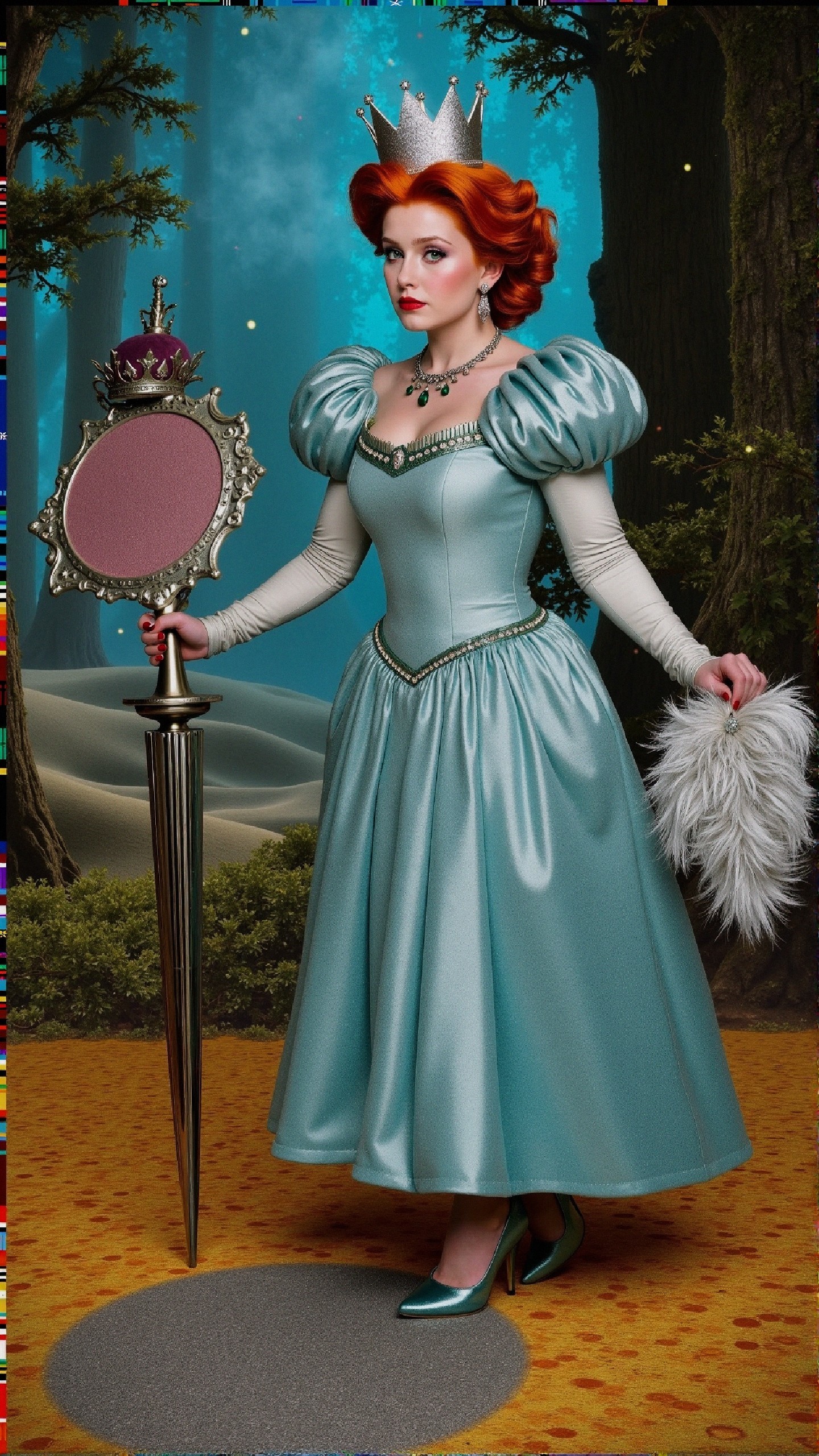 Regal woman in enchanted forest with teal gown