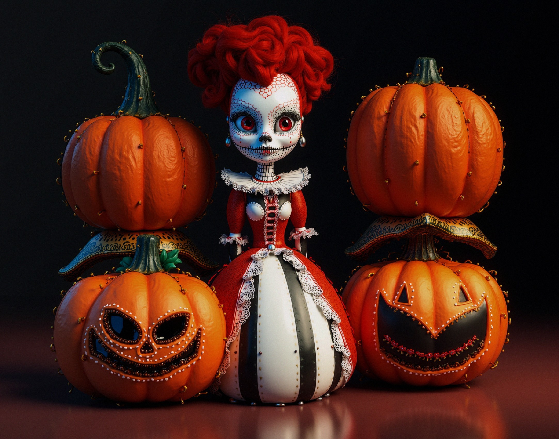 Whimsical Doll with Red Hair and Carved Pumpkins