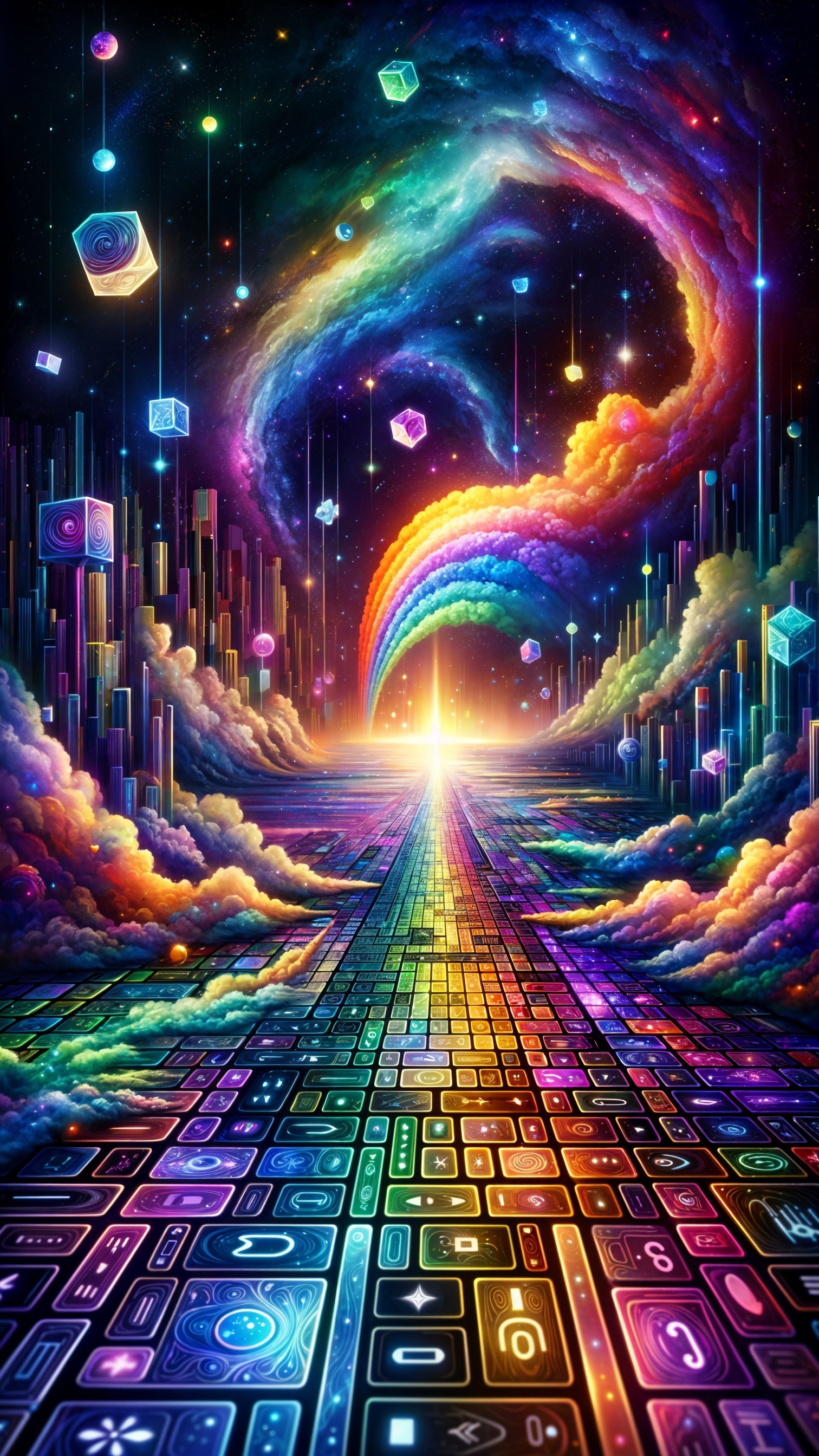 Surreal Landscape with Colorful Paths and Stars