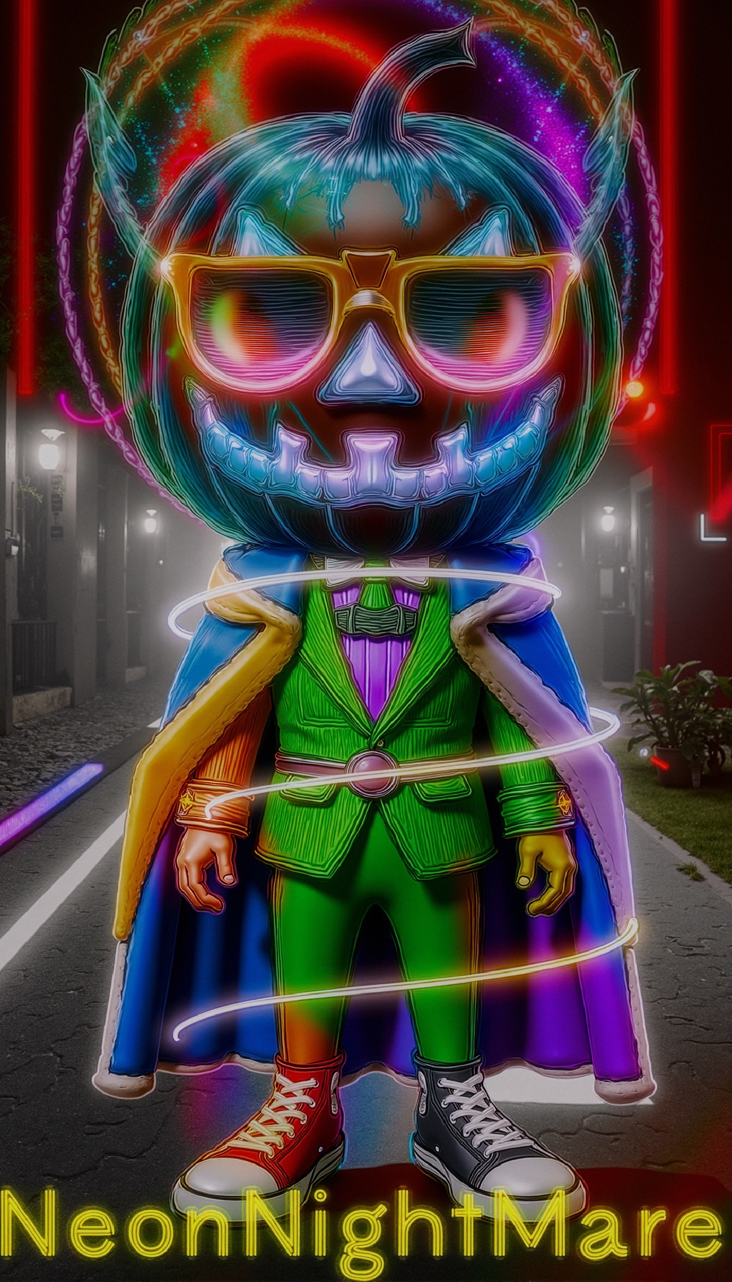 Neon-lit Character with Pumpkin Head and Stylish Attire