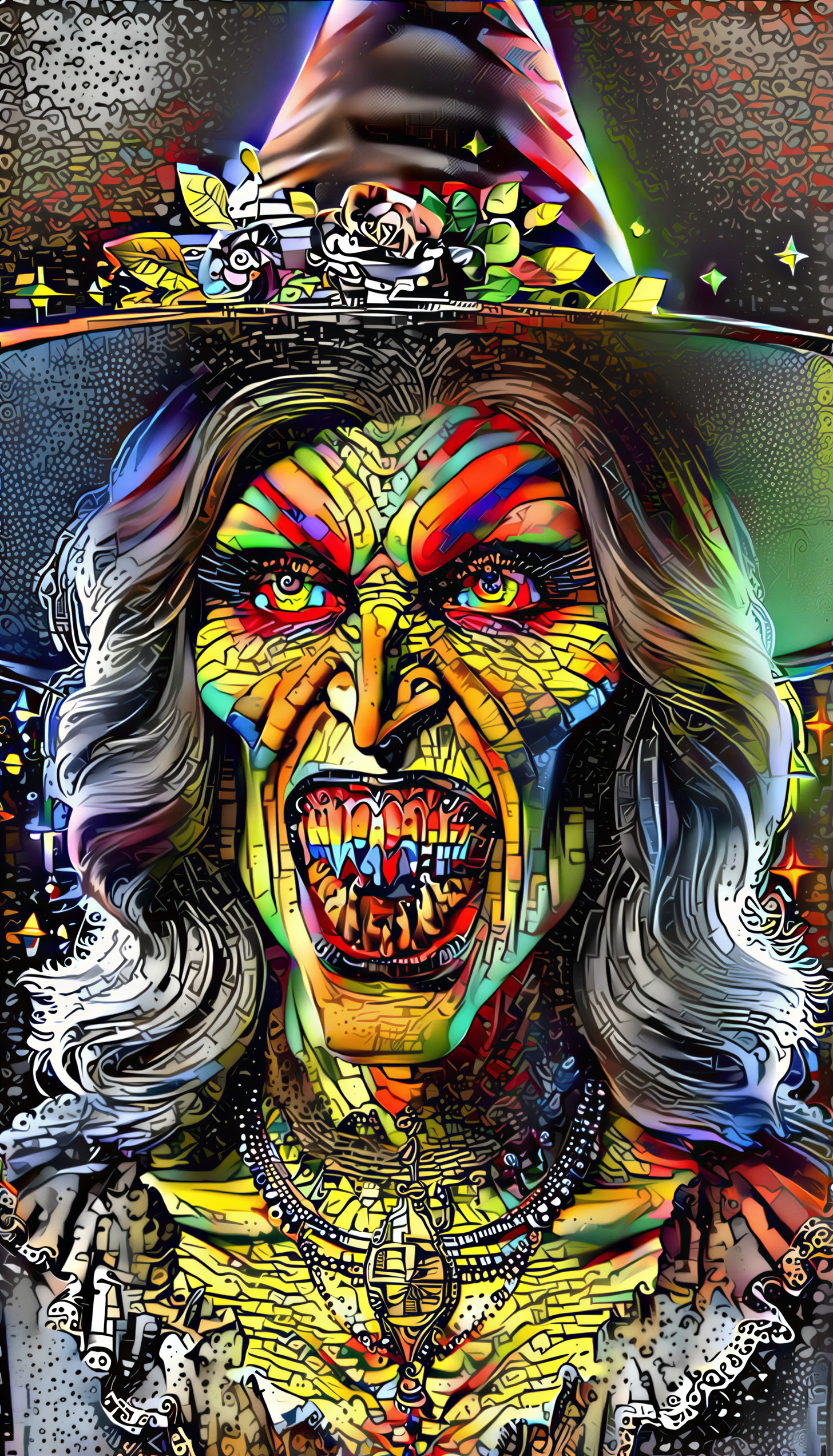Vibrant Witch Portrait with Bright Colors and Patterns