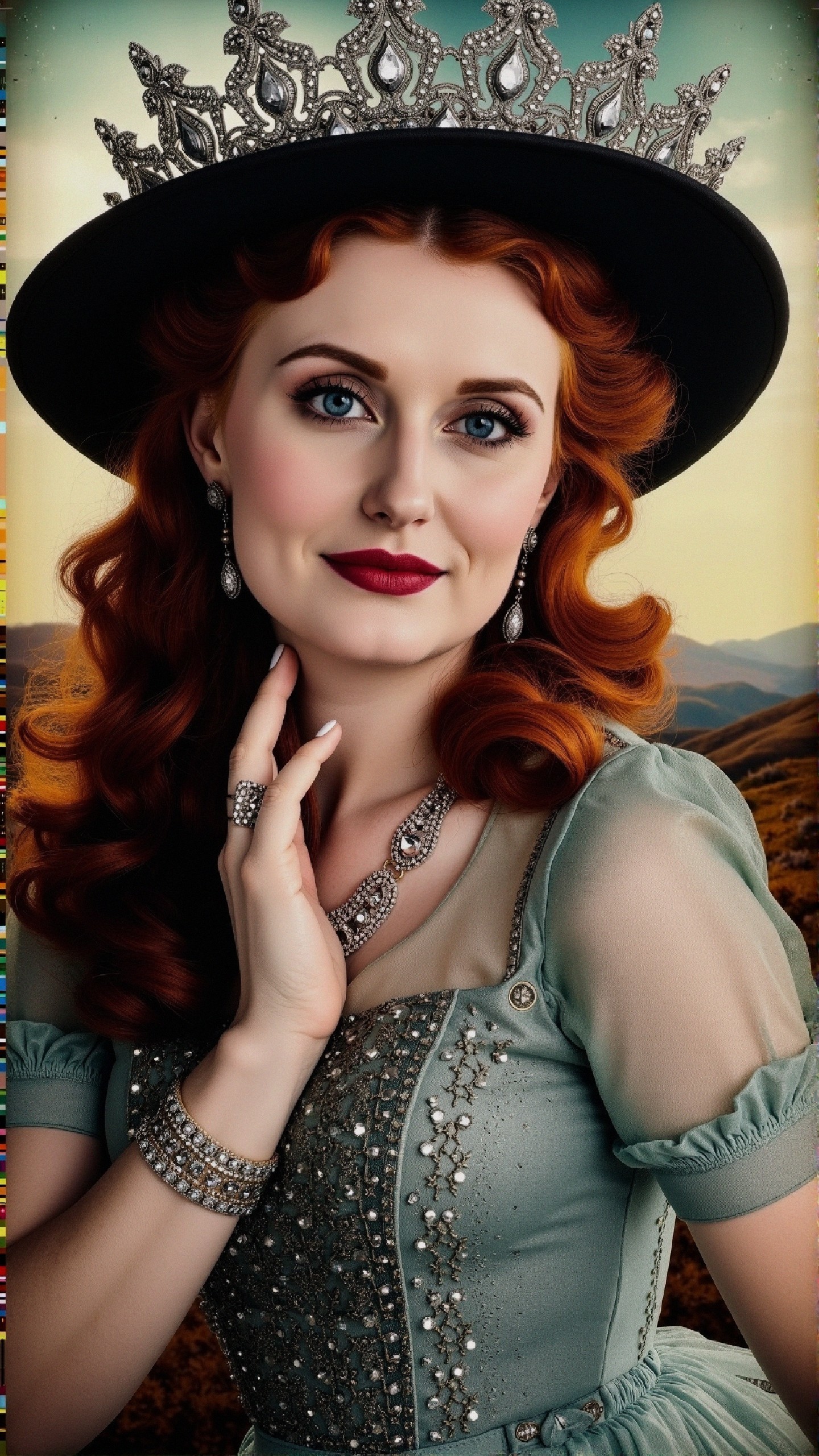 Glamorous Woman in Teal Gown with Scenic Mountains