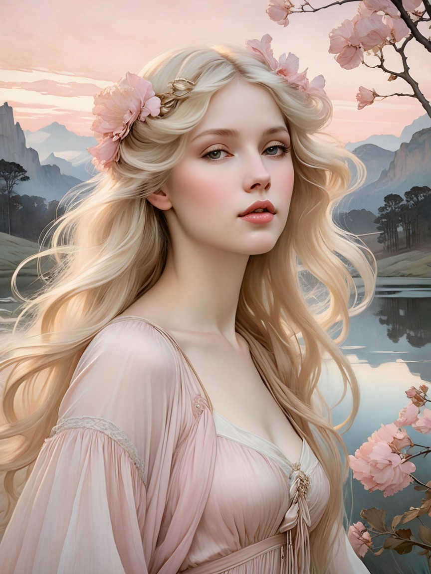 Portrait of a young woman in a tranquil landscape