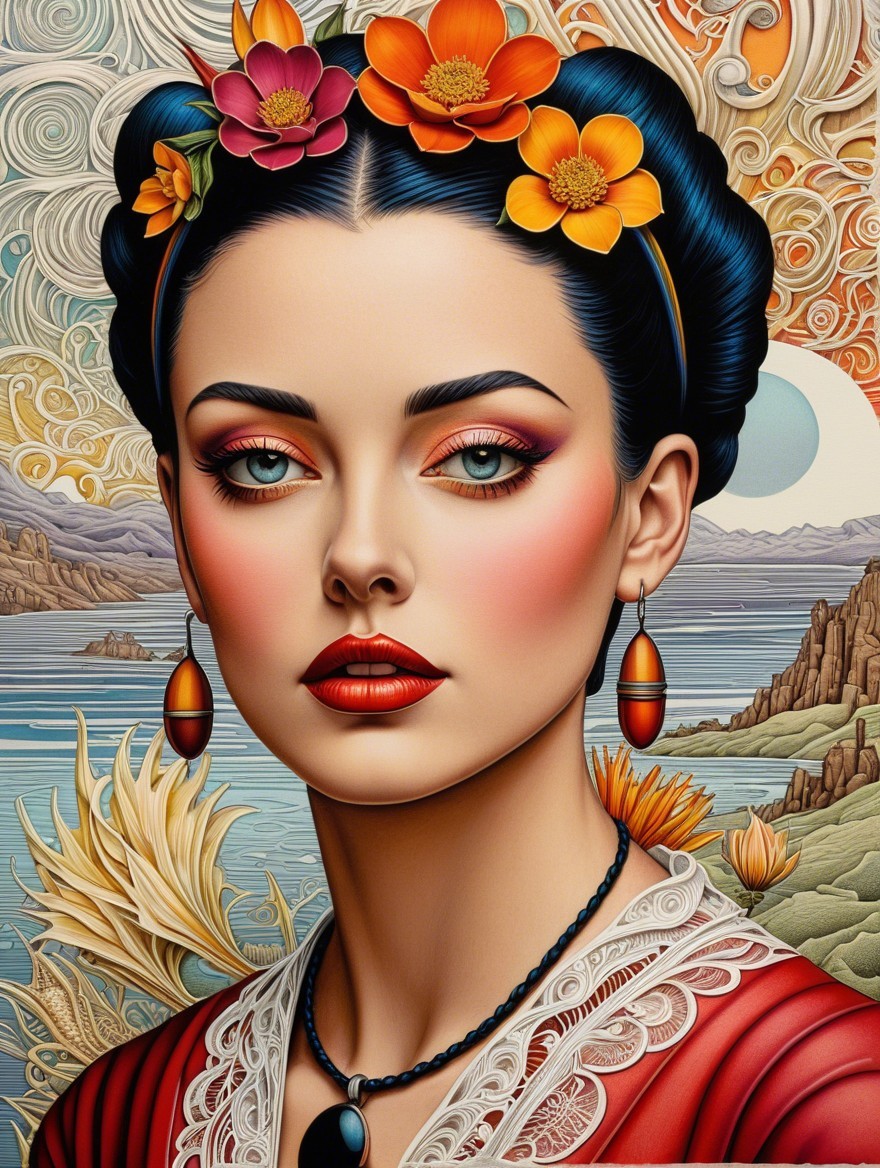 Striking Woman in Floral Headband and Colorful Garment