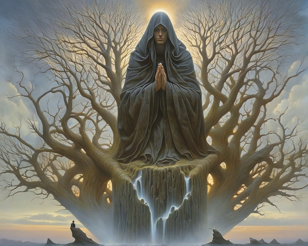 Surreal Landscape with Hooded Figure and Gnarled Tree