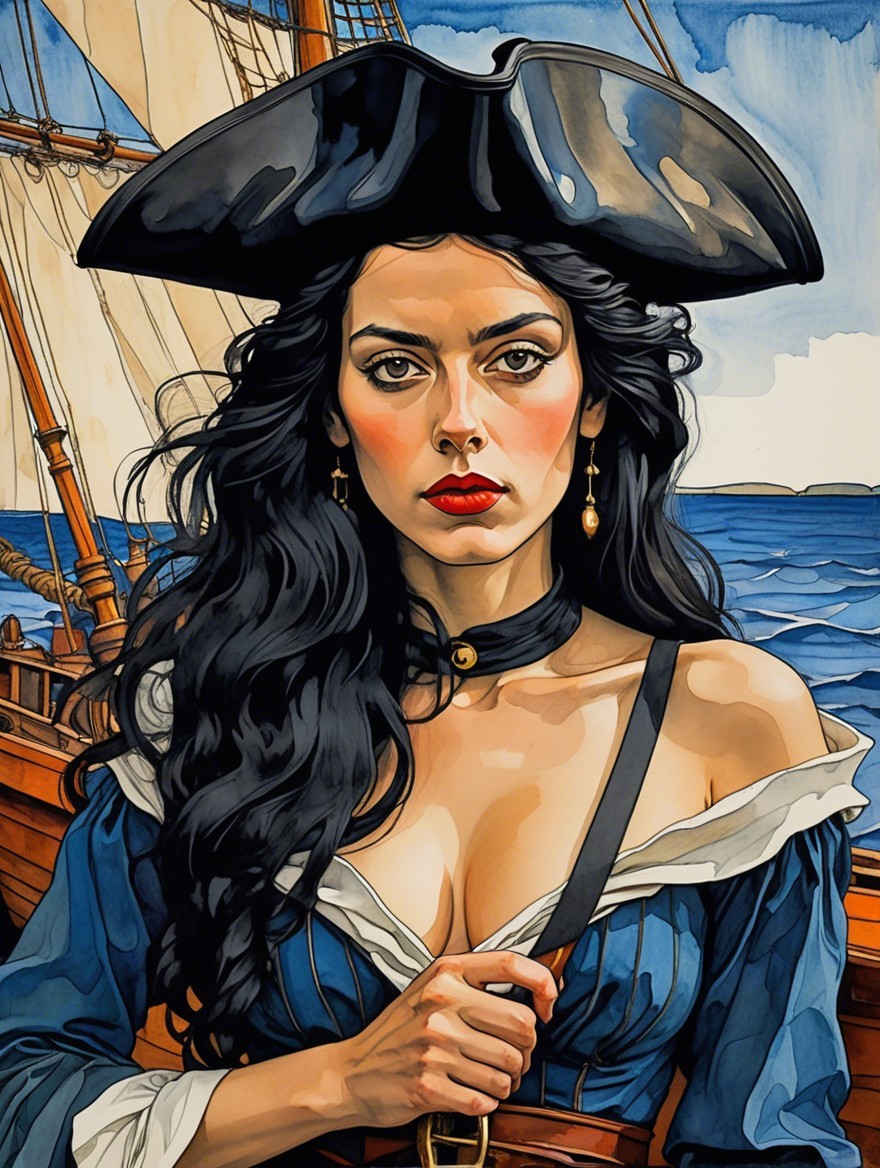 Confident Woman on Pirate Ship with Ocean Background