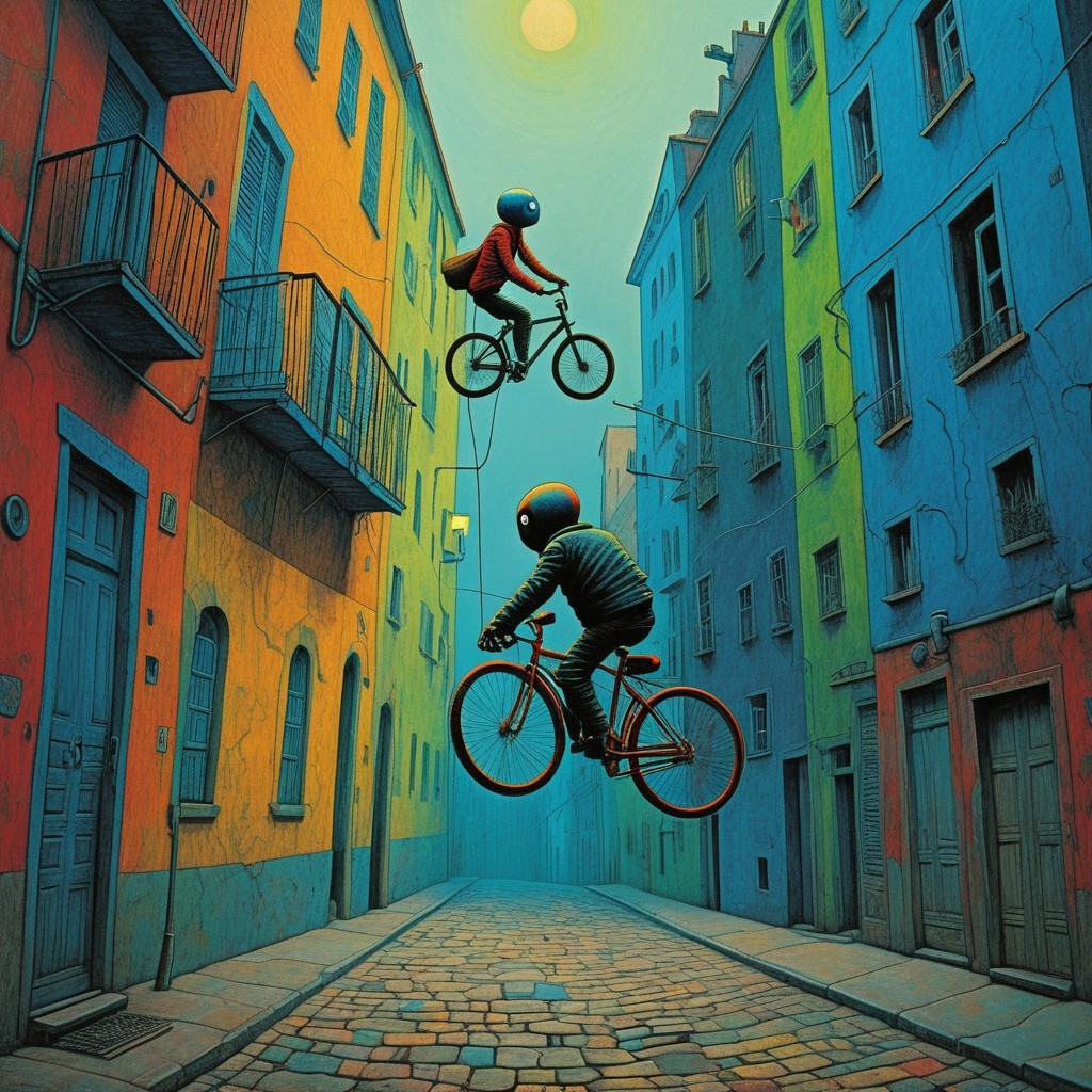 Surreal Alleyway with Bicycles and Colorful Buildings