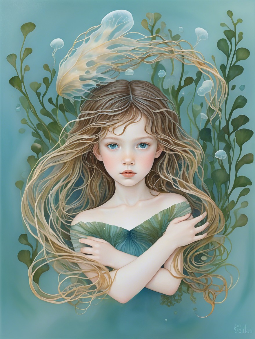 Underwater Scene of a Girl Among Seaweed and Jellyfish