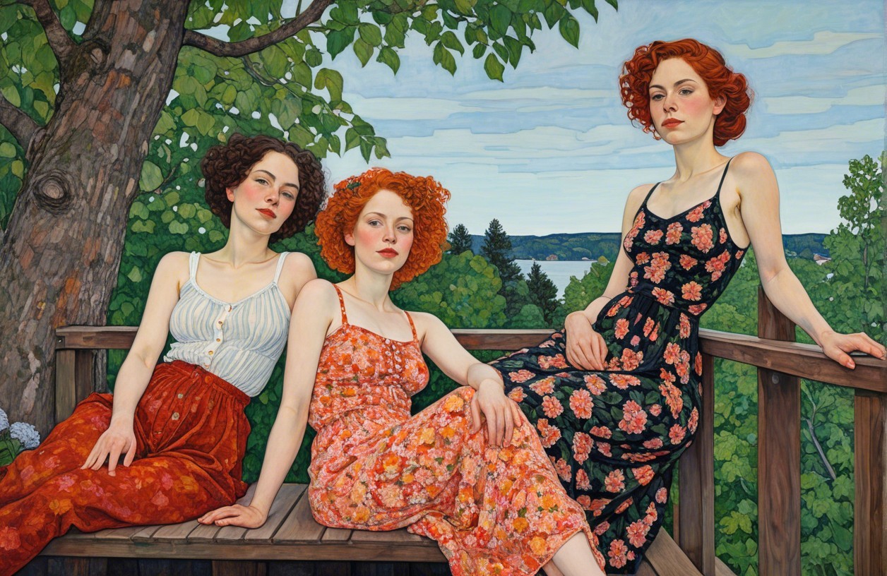 Young Women with Red Hair on a Deck by a Lake