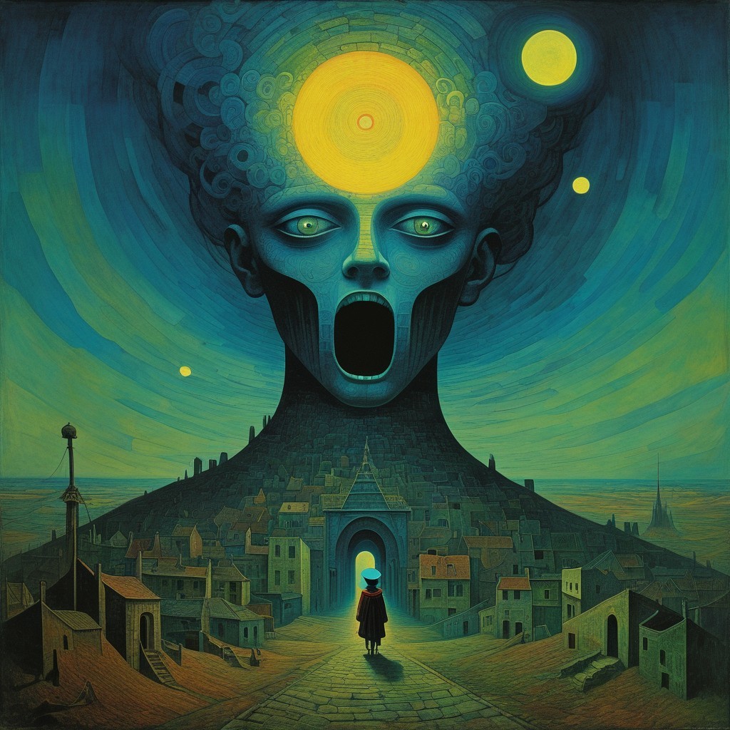 Surreal Landscape with Towering Figure and City Below