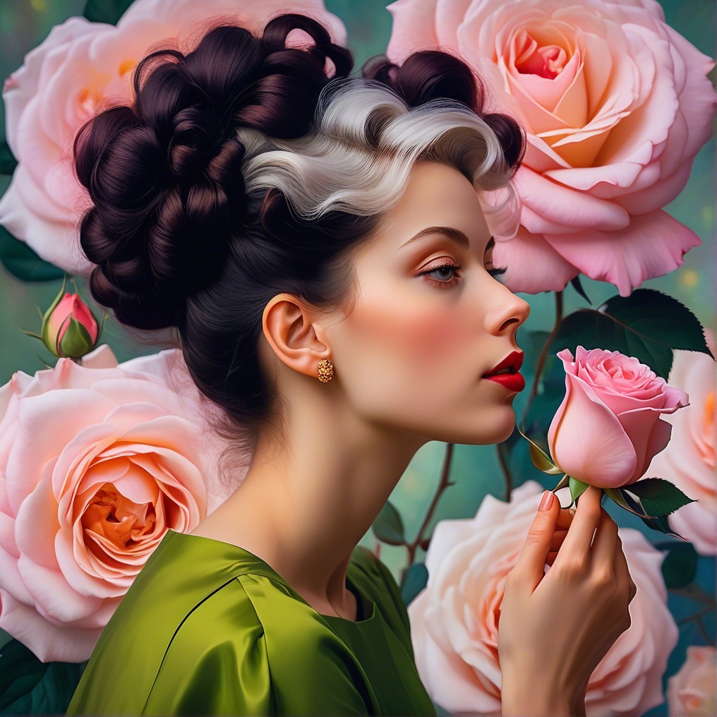 Elegant Woman with Dark Curls and Pink Rose