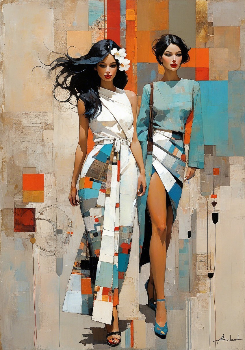 Elegant Women in Modern Attire with Geometric Patterns