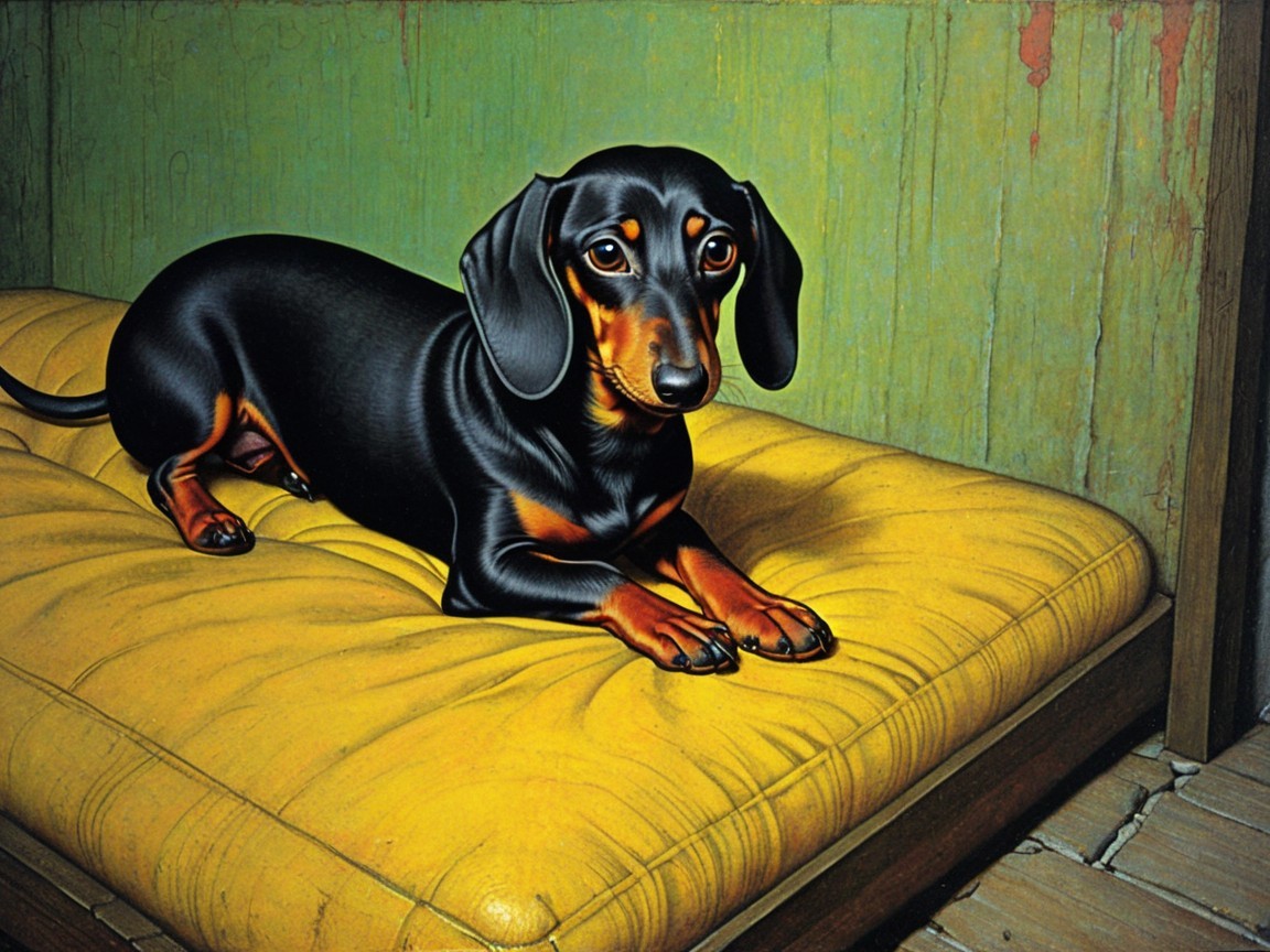 Black and tan dachshund on yellow cushion indoors