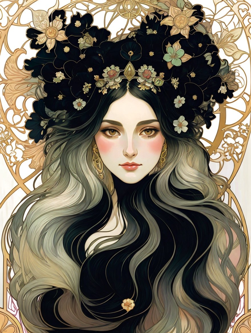 Striking Woman with Dark to Silvery Hair and Floral Crown