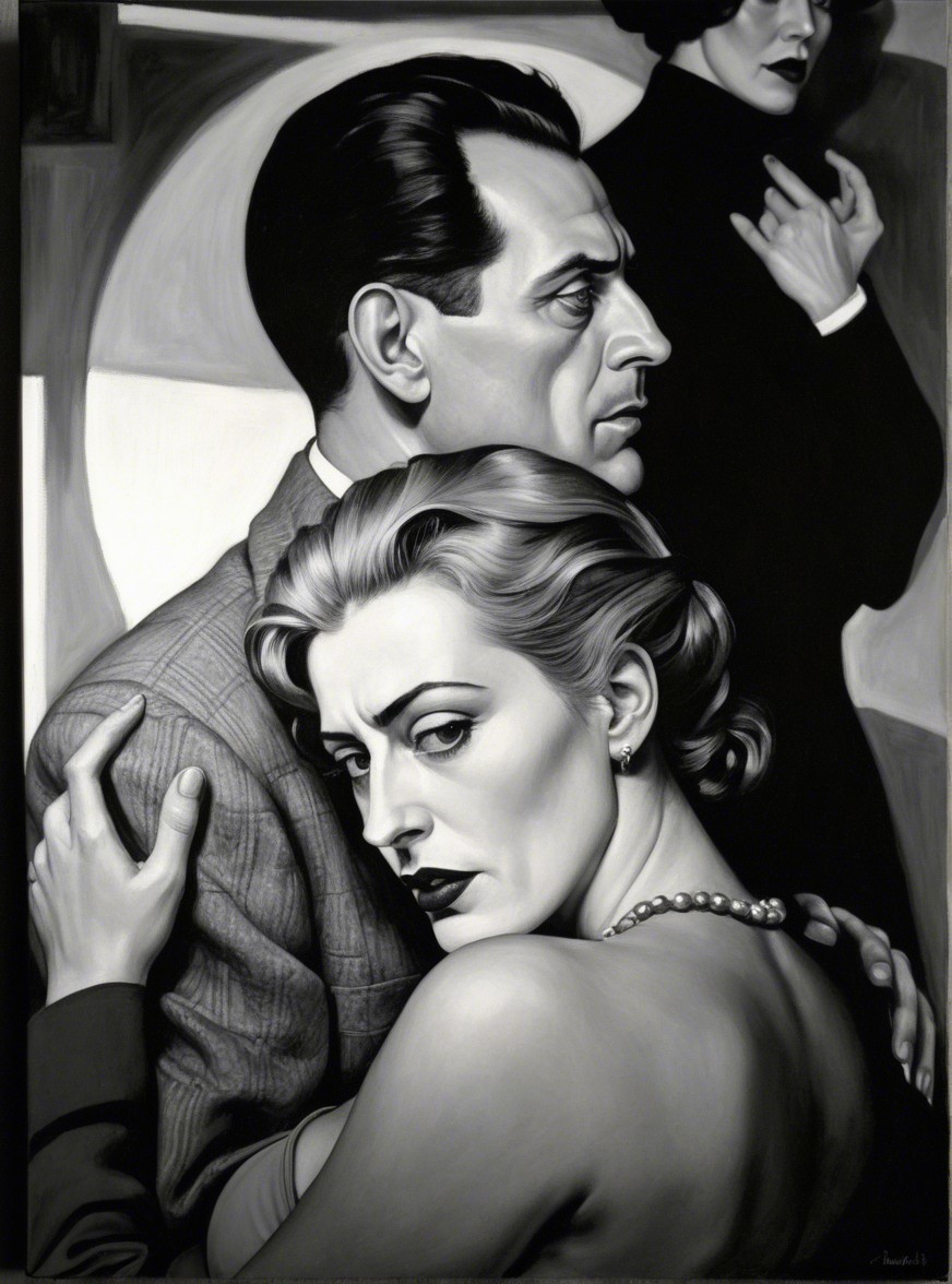 Black and white artwork with three contrasting figures