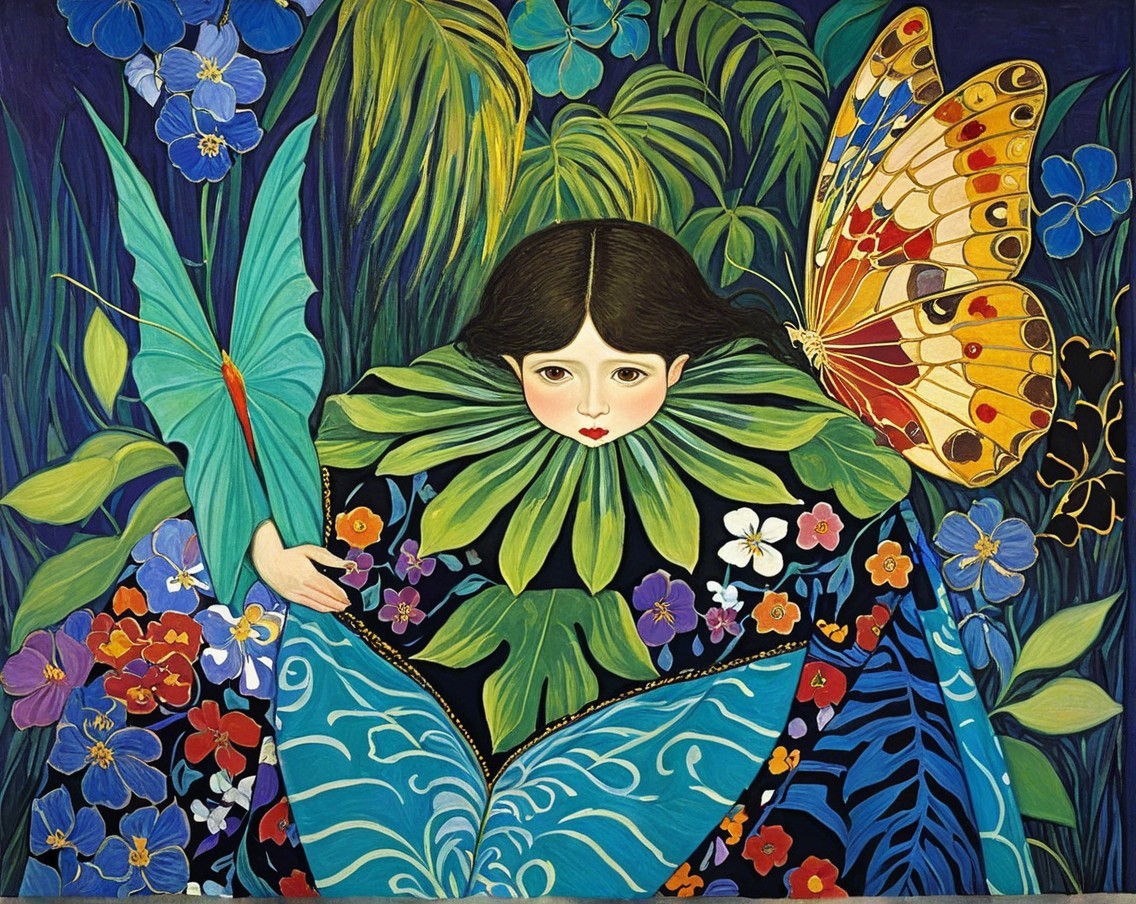 Whimsical Painting of a Girl in Nature's Embrace