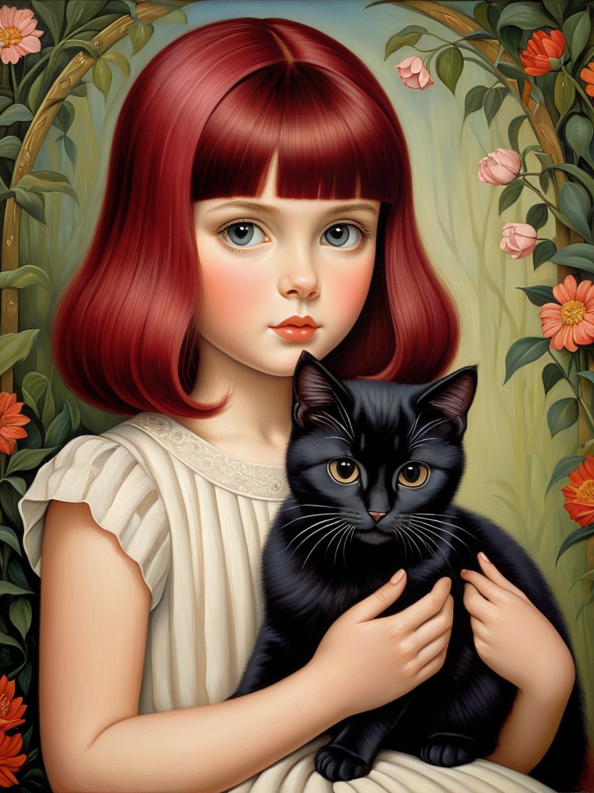 Young girl with red hair and black cat in nature