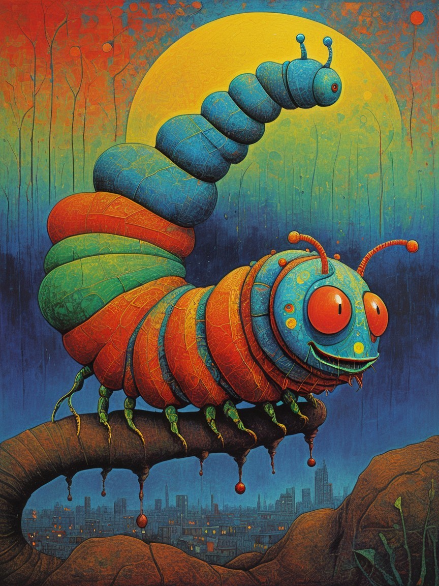 Cartoonish Caterpillar on Branch Under Colorful Sky