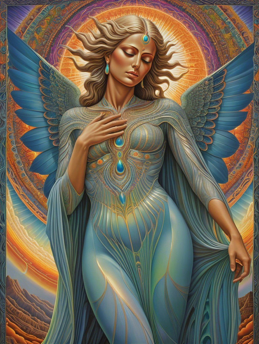 Ethereal figure with wings and vibrant dawn colors